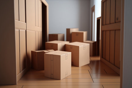 Pile of cardboard boxes near the wall indoors, space for text. moving day. generative AIの素材