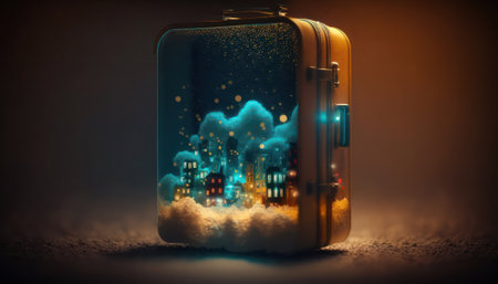 a magical suitcase with a glowing magical city inside. generative AIの素材