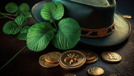 green top hat, coins and clover are the symbol of the celebration of Saint Patrick Day. generative AIの写真素材