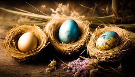 Easter painted eggs in a basket, holiday, Easter.generative AI .