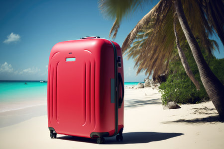 red suitcase on white sand on the beach under palm trees.Generative AI. High qualityの写真素材