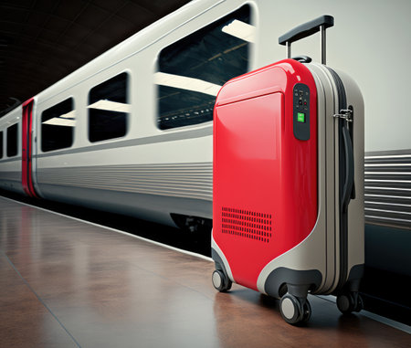A red suitcase stands on the platform near the train.travel concept.Generative AI. High qualityの写真素材