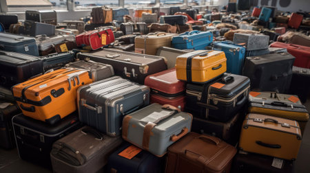 luggage compartment at the airport is cluttered with suitcases and bags. generative AIの素材