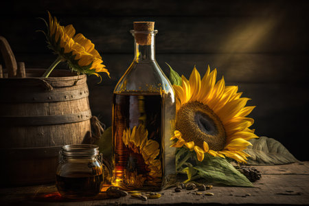 a bottle of sunflower oil stands on a wooden table.sunflower flower.rustic style. generative AIの素材