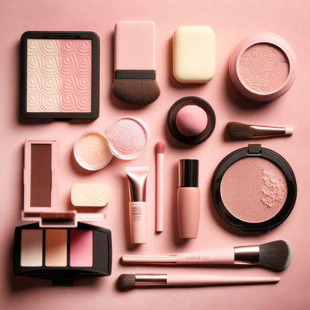 flatley, layout of cosmetics and accessories on a pink background. generative AIの素材
