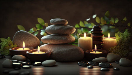 candles, flower, towel and stones for thalassotherapy in the spa area. cozy atmosphere. body care. generative AIの素材