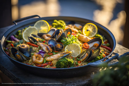 Spanish paella with shrimp in a cast iron skillet. Rice in Spanish. Seafood and lemons. rustic style. generative AIの素材