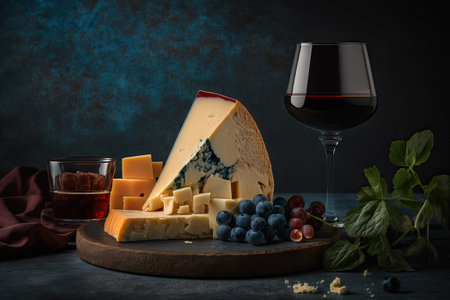 Red wine with grapes, rosemary, prosciutto, and blue cheese on a dark background. generative AIの素材