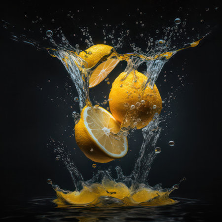 fresh lemons falling into the water with splashes on a black background. generative AIの写真素材