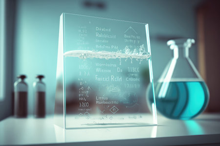 acrylic transparent tablet screen on the table in the lab with text. Generative AIの写真素材