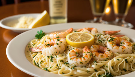 Linguine pasta with prawns in tomato and garlic sauce. generative AIの写真素材