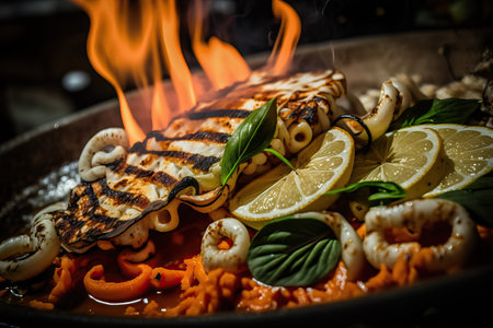 Mixed seafood contains squid, mussels, large shrimp. grilled with garlic and lemon. appetizing serving.rustic style. generative AIの素材