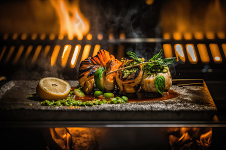Mixed seafood contains large prawns, grilled mussels with garlic and lemon. appetizing serving.rustic style. generative AIの素材