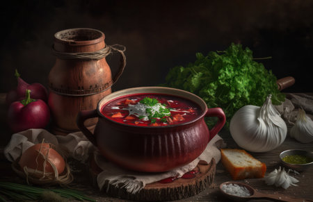 Ukrainian beetroot borscht with beef in a clay pot, stands among products and ingredients on a wooden table. rustic style. generative AIの素材