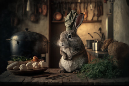 bunny chef cooks in the kitchen in the chefs hat and apron surrounded by products and ingredients. generative AIの素材