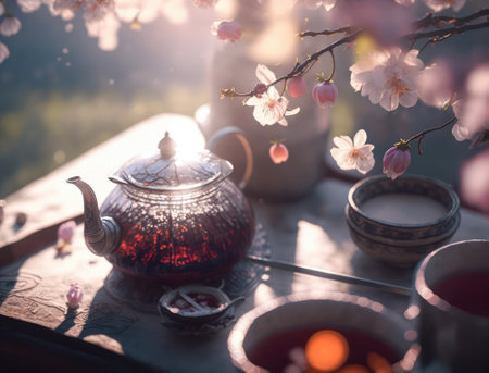 elegant tea ceremony in the garden under cherry blossoms . generative AIの素材