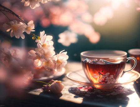 elegant tea ceremony in the garden under cherry blossoms . generative AIの素材