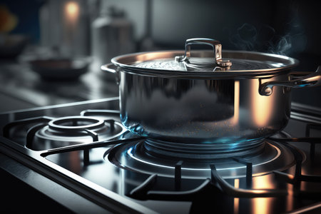 metallic shiny saucepan on the stove on the background of a blurred image of the kitchen. Generative AI.の写真素材