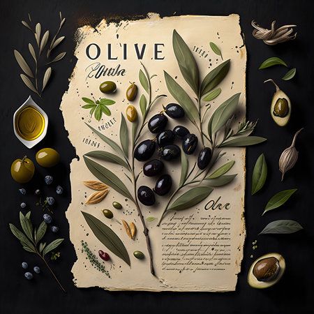 poster.different types of olives.flask for the menu and presentation. generative AIの素材