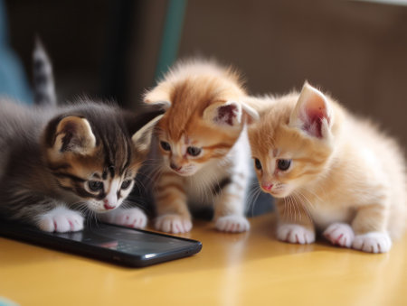 small kittens look with interest at the glowing screen of the phone. generative AIの素材