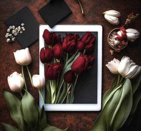 An electronic tablet among tulips as in a frame. congratulations.mockup. generative AIの素材