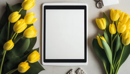 An electronic tablet among tulips as in a frame. congratulations.mockup. generative AIの素材