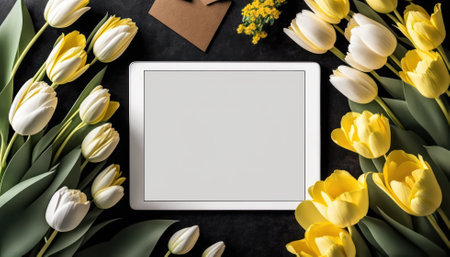 An electronic tablet among tulips as in a frame. congratulations.mockup. generative AIの素材
