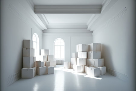 Pile of cardboard boxes near the wall indoors, space for text. moving day. generative AIの素材