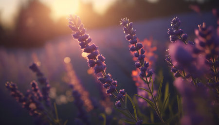 lavender field in sunset light. bloom. generative AI.の素材