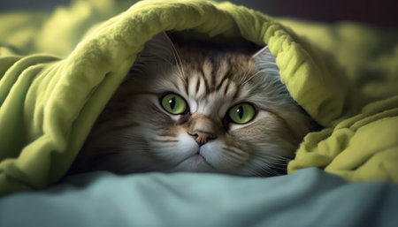 cute kitten lies on the bed and peeks out from under the blanket. generative AIの素材