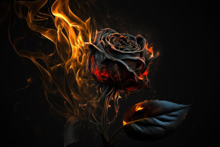 artfully made rose of black metal burns in fire. generative AIの素材