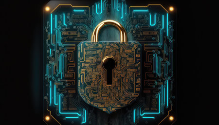 closed padlock as a symbol of cyber security in digital space. generative AI.の写真素材
