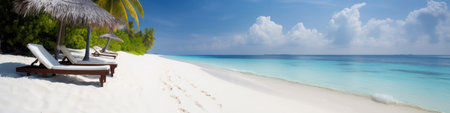 Turquoise sea, sun loungers, White sand and palm trees, Sun, very beautiful nature. banner, copyspace .generative AIの素材
