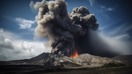 volcanic eruption with ash ejection into the air and lava flows. generative AIの素材