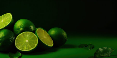 Limes.juicy ripe citrus fruits on a green background. agriculture. generative AIの素材