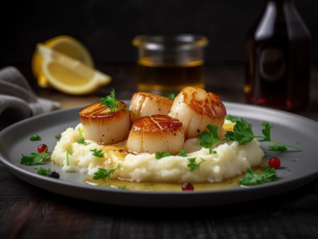 Scallops with mashed potatoes on a ceramic plate. generative AIの素材