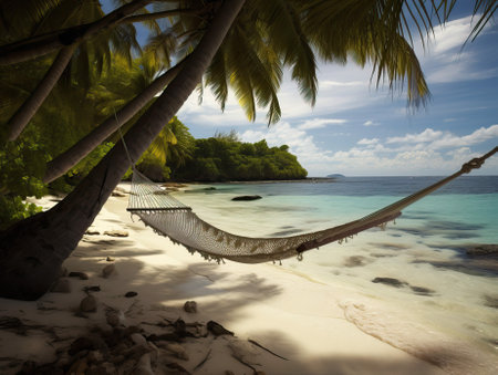 Romantic cozy hammock in the shade of a palm tree on a tropical beach by the sea.tourism advertising concept .generative AIの素材