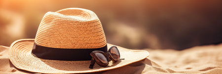 blue color of the sea and a hat on the sand on the beach. copyspace,banner. generative AIの素材