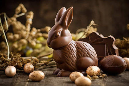 Chocolate eggs and easter eggs on a birds nest, chocolate bunny and sweets on a white wooden table. generative AIの素材