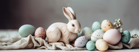 Easter composition. Easter eggs and rabbit on the table. generative AIの素材