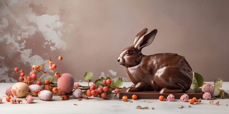Chocolate eggs and easter eggs on a birds nest, chocolate bunny and sweets on a white wooden table. generative AIの素材