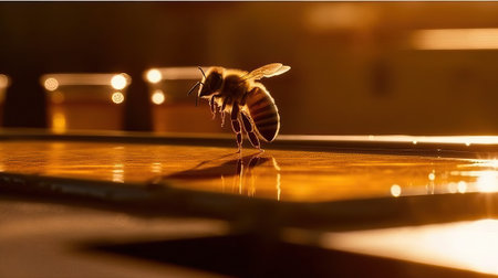 Macro photo of a bee on a drop of honey. golden lighting. National Honey Bee Day. generative AIの素材