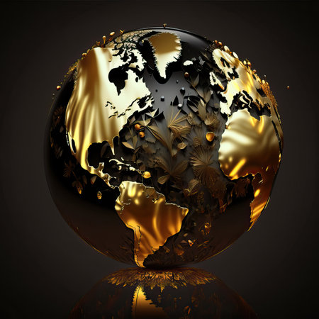 black metal globe with gold on a black background. generative AIの素材