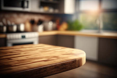 Wood table top on blur kitchen counter background. generative AIの素材