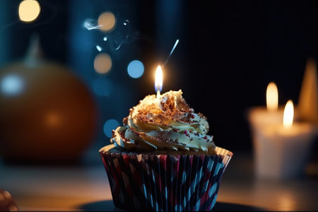 Birthday cupcake with a candle on a wooden table against blurry lights. Place for text. generative AIの素材