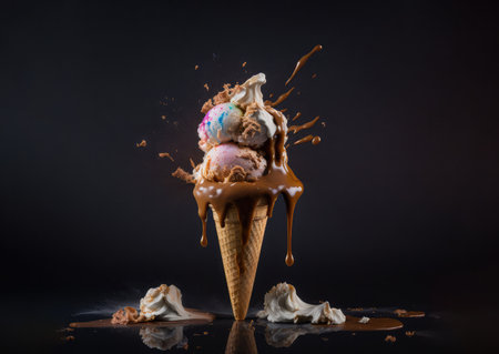 fruit balls different ice cream in a waffle cone on a dark background. Generative AIの素材