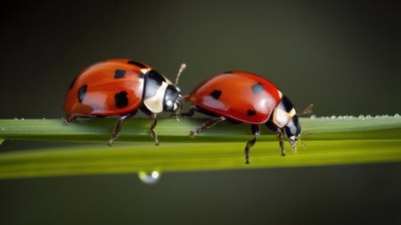 Two seven-spotted ladybugs on a blade of grass. generative AIの素材