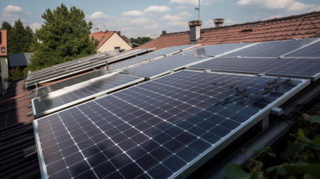 solar panels on the roof of the house. Blue solar panels. Alternative source of electricity. Generative AIの素材