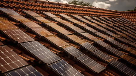 solar panels on the roof of the house. pollution after a hurricane. Alternative source of electricity. Generative AIの素材