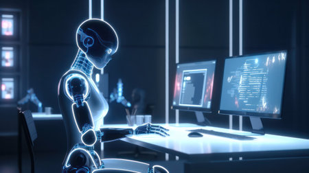 android work in the virtual world. Internet. artificial intelligence. human replacement by a robot. access to the virtual world. generative AIの素材